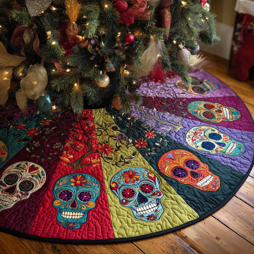 Sugar Skulls on Bright Color Panels Christmas Tree Skirt