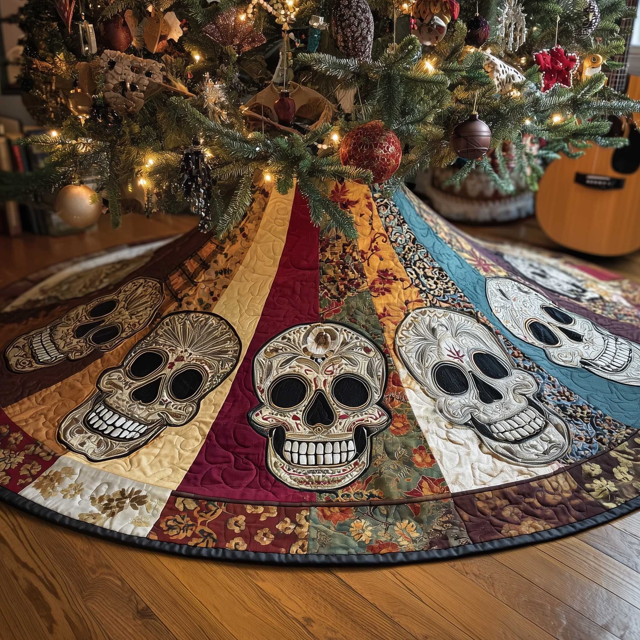 Sugar Skulls on Colorful Panels Christmas Tree Skirt