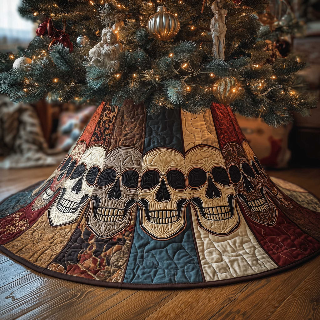 Skulls on Earthy Striped Panels Christmas Tree Skirt