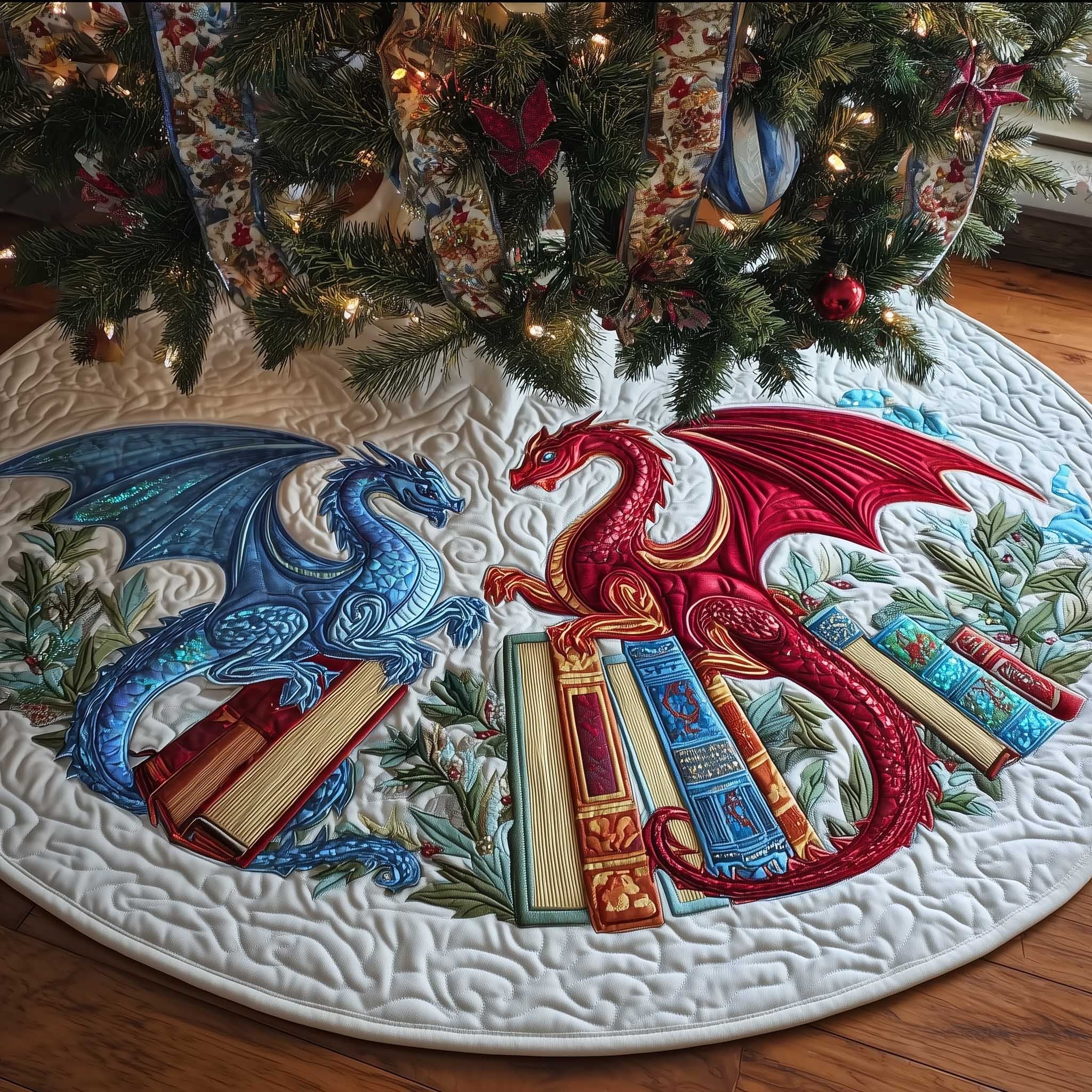 Red Dragon Guarding the Books Christmas Tree Skirt