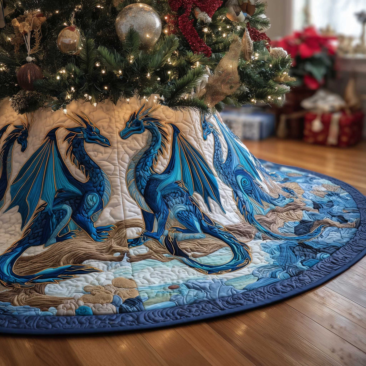 Twin Blue Dragons Over the Water Christmas Tree Skirt