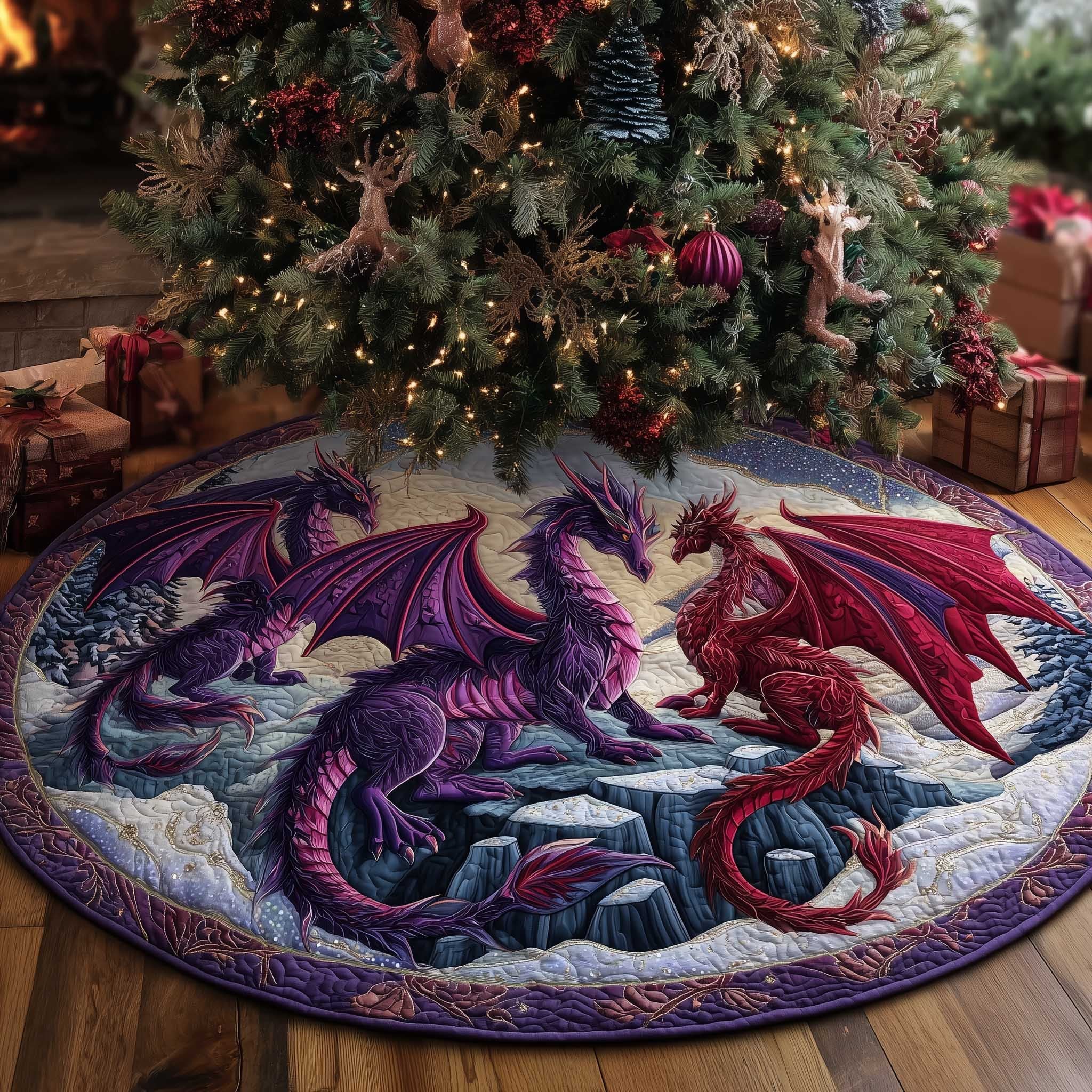 Purple and Red Dragons on the Snow Christmas Tree Skirt