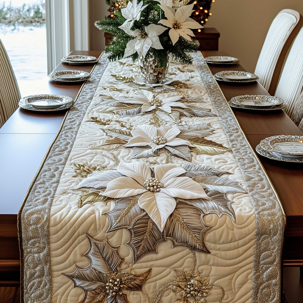 White Poinsettia on Cream and Gold Table Runner