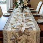 White Poinsettia on Cream and Gold Table Runner