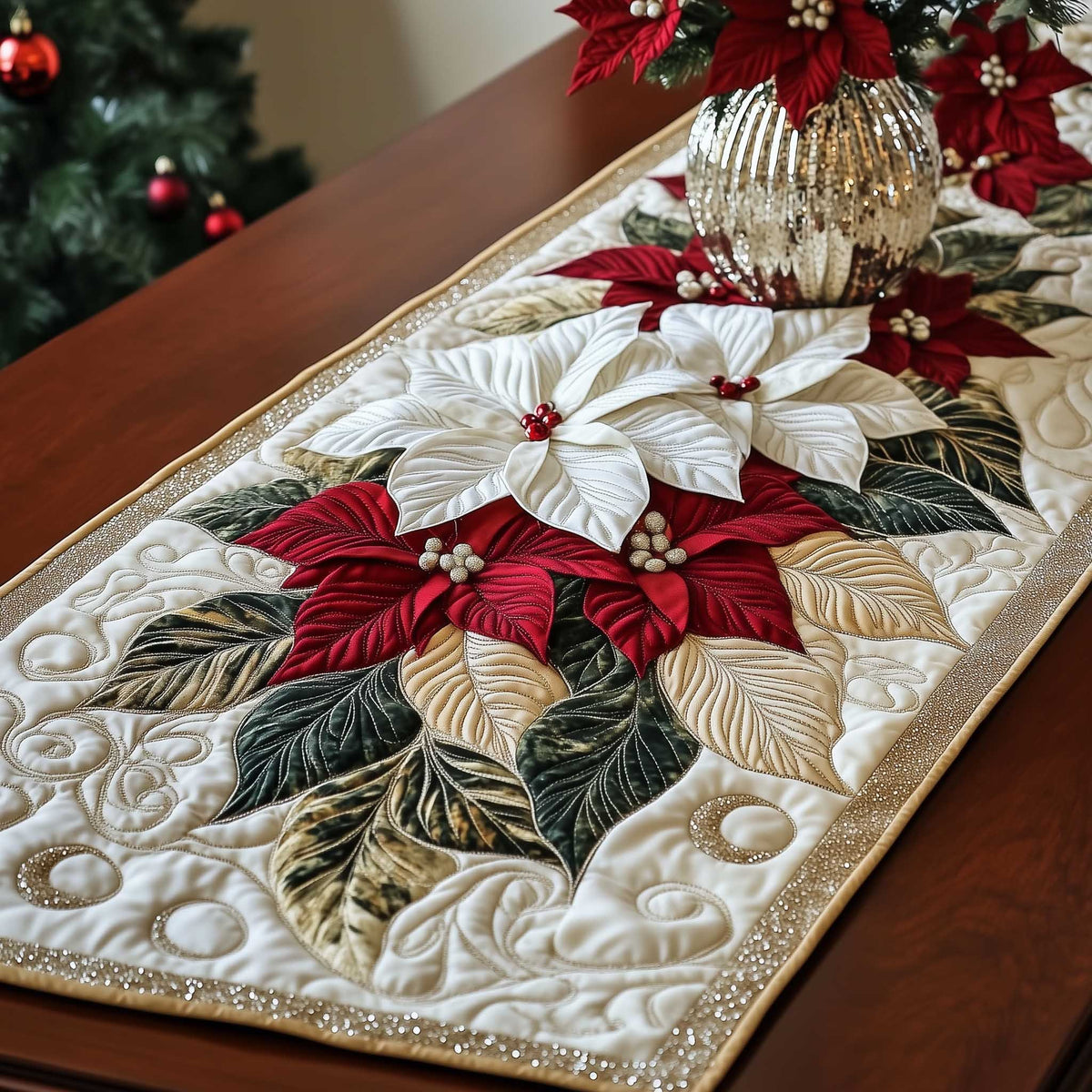 Red and White Poinsettias Table Runner