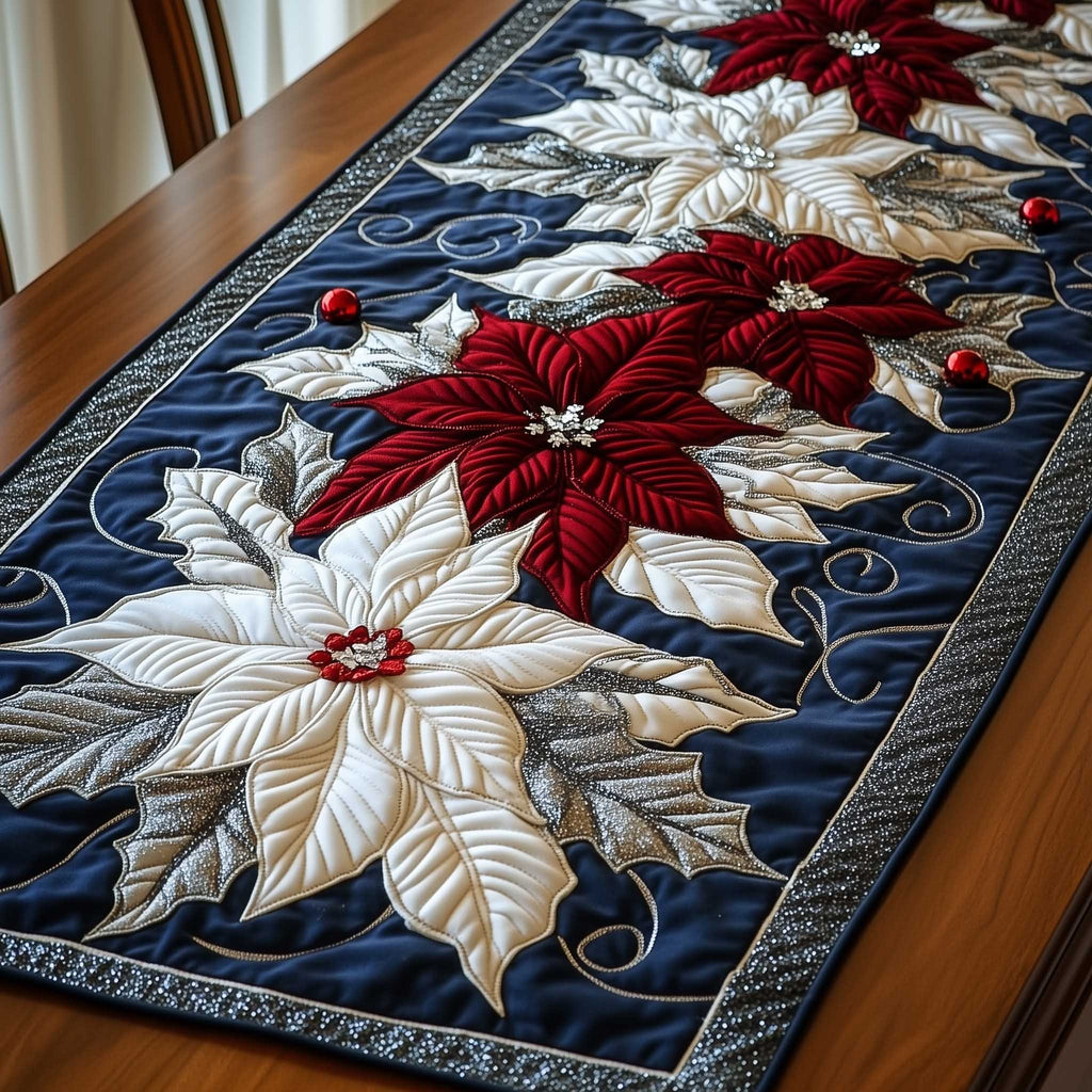 Poinsettias on Navy with Silver Trim Table Runner