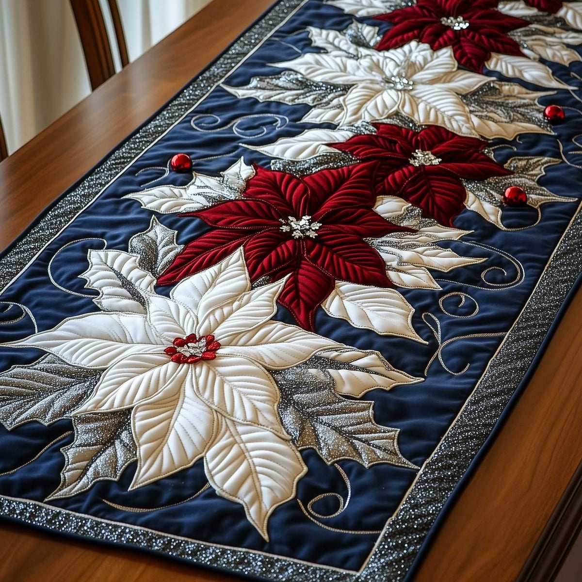 Poinsettias on Navy with Silver Trim Table Runner
