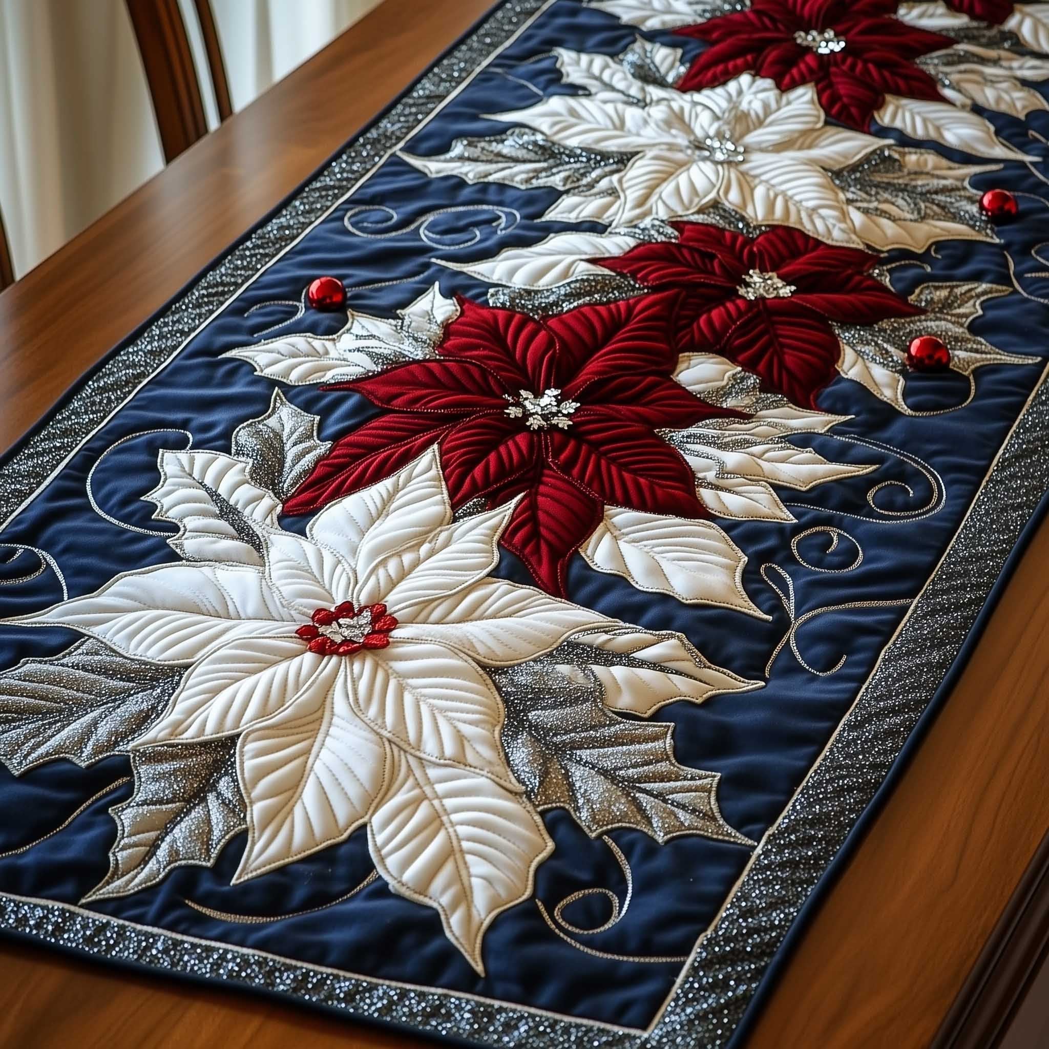Poinsettias on Navy with Silver Trim Table Runner