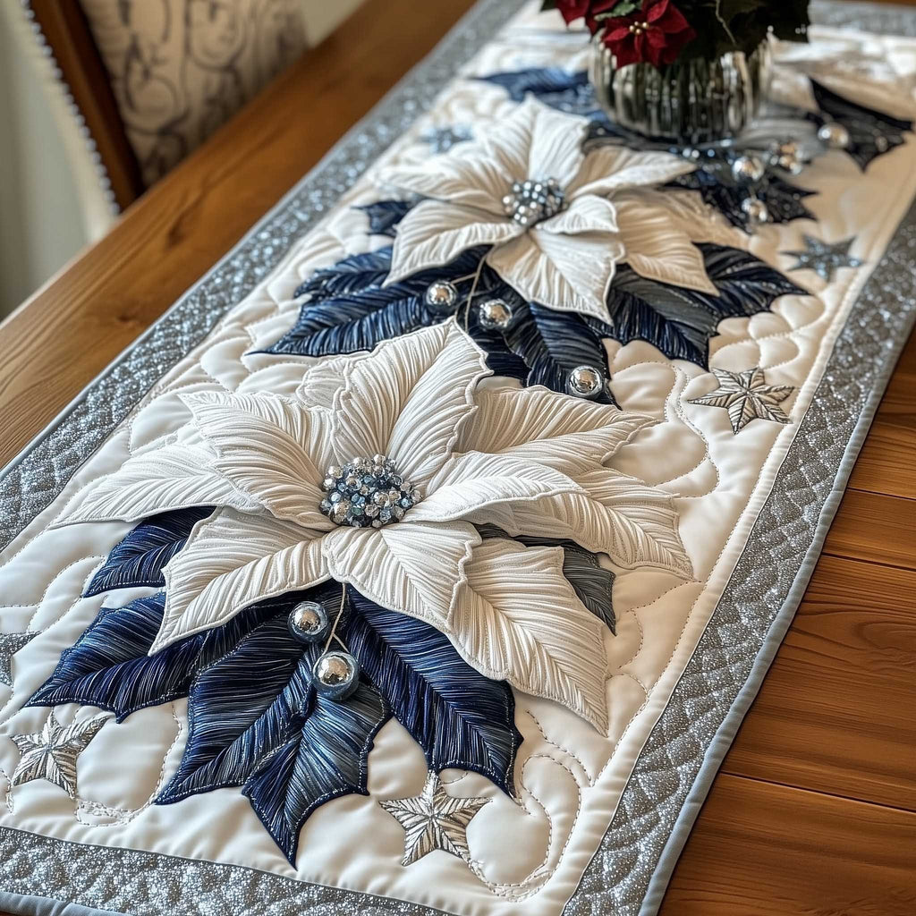 White and Blue Poinsettias Table Runner
