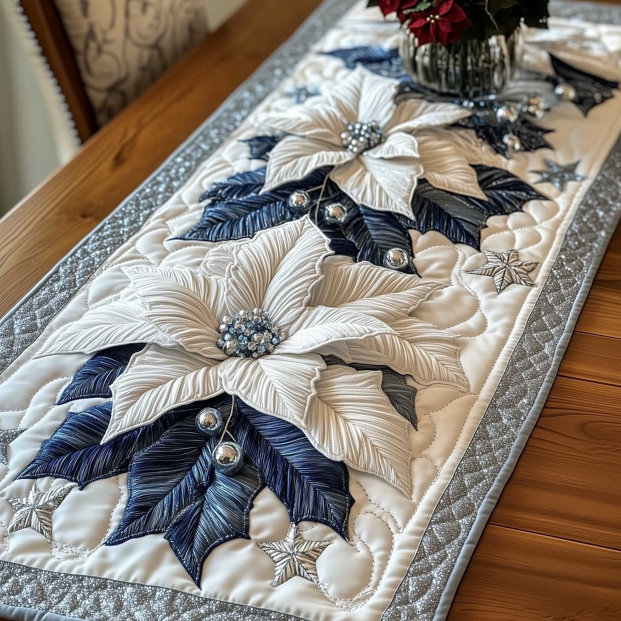 White and Blue Poinsettias Table Runner