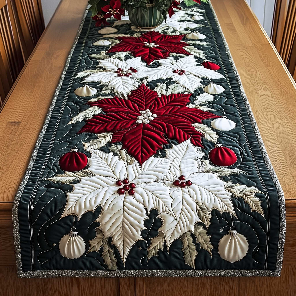 Red Poinsettia with Silver Ornaments Table Runner