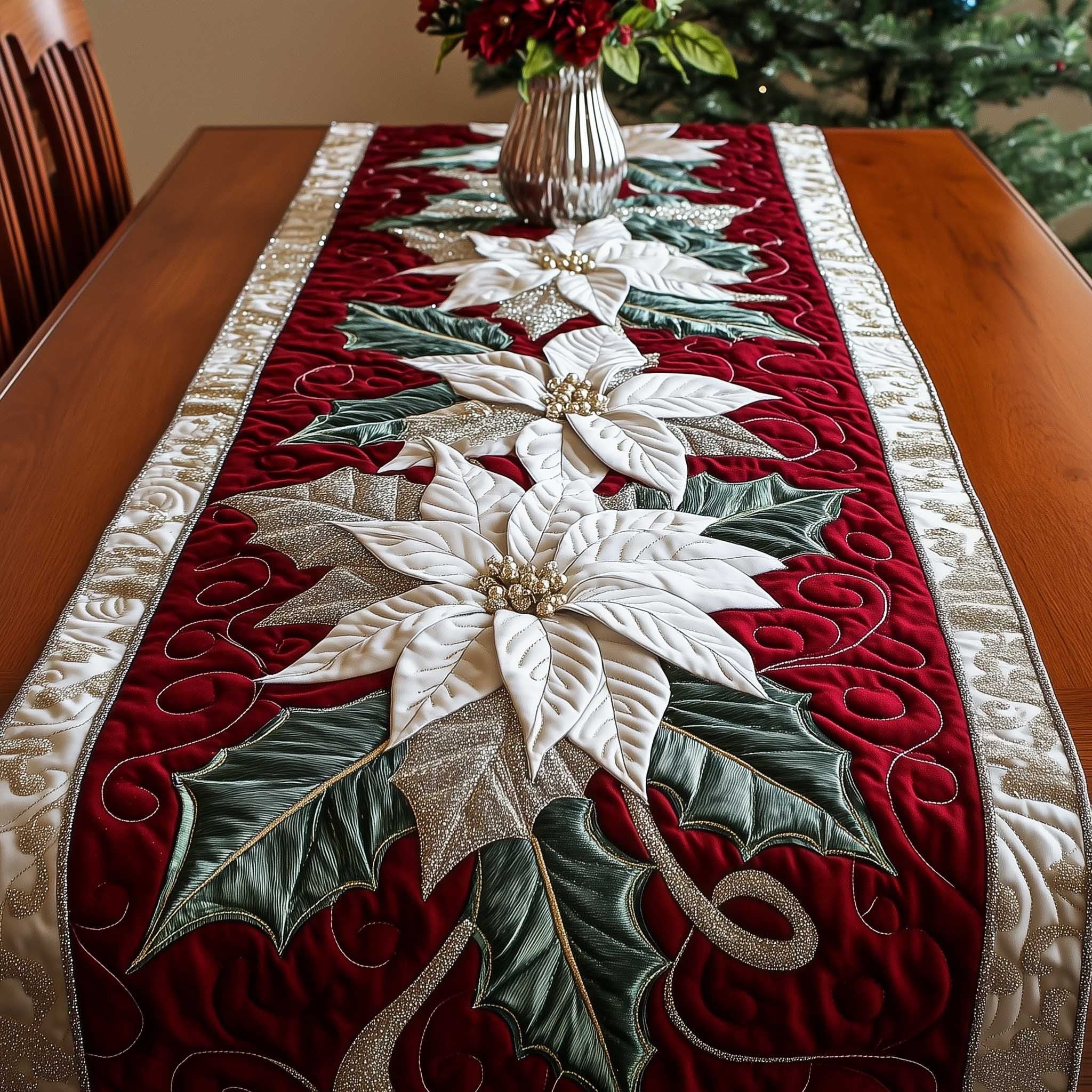 White Poinsettia on Red and Green Table Runner