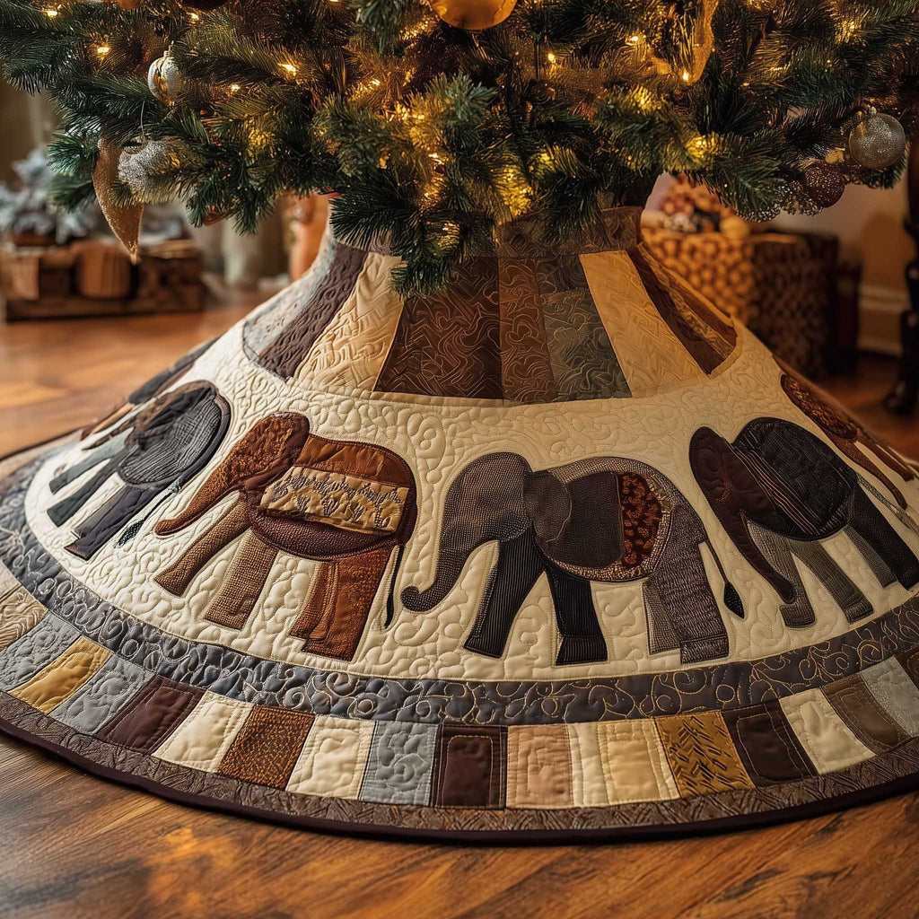 Elephants on Earthy Patchwork Panels Christmas Tree Skirt