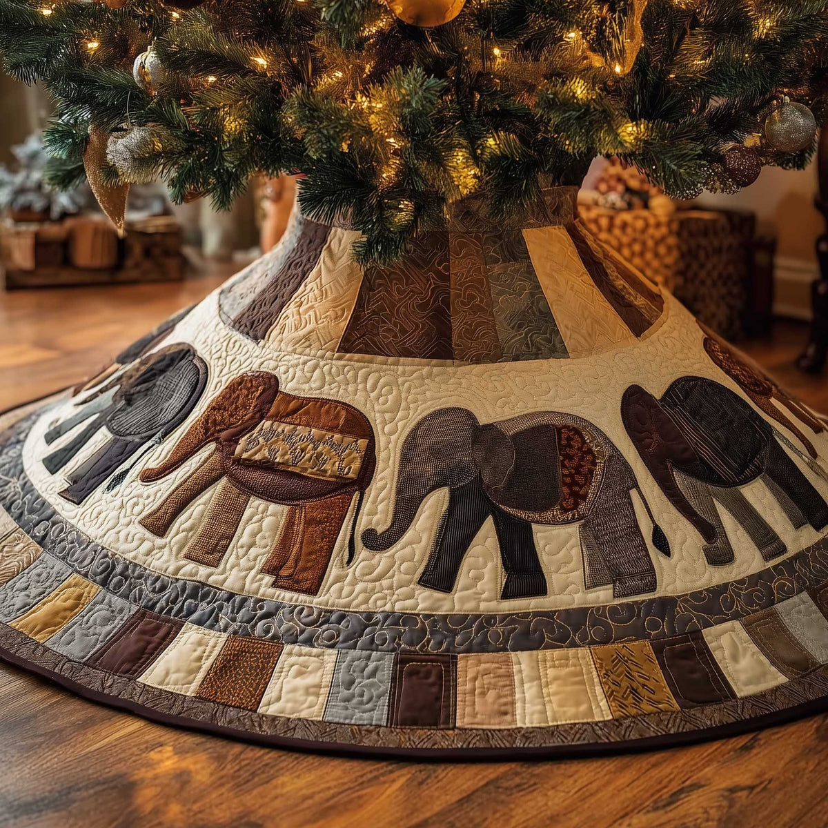 Elephants on Earthy Patchwork Panels Christmas Tree Skirt