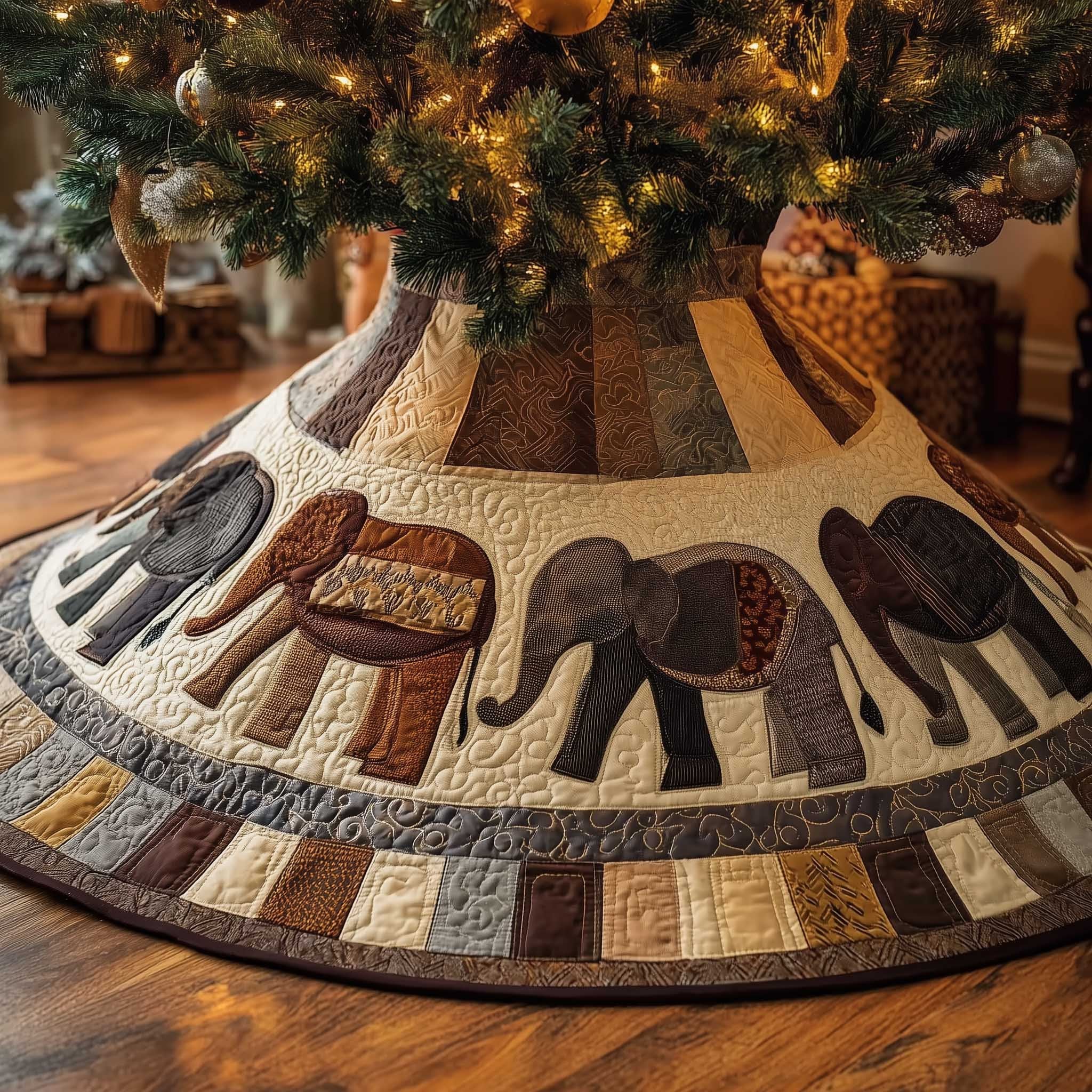 Elephants on Earthy Patchwork Panels Christmas Tree Skirt