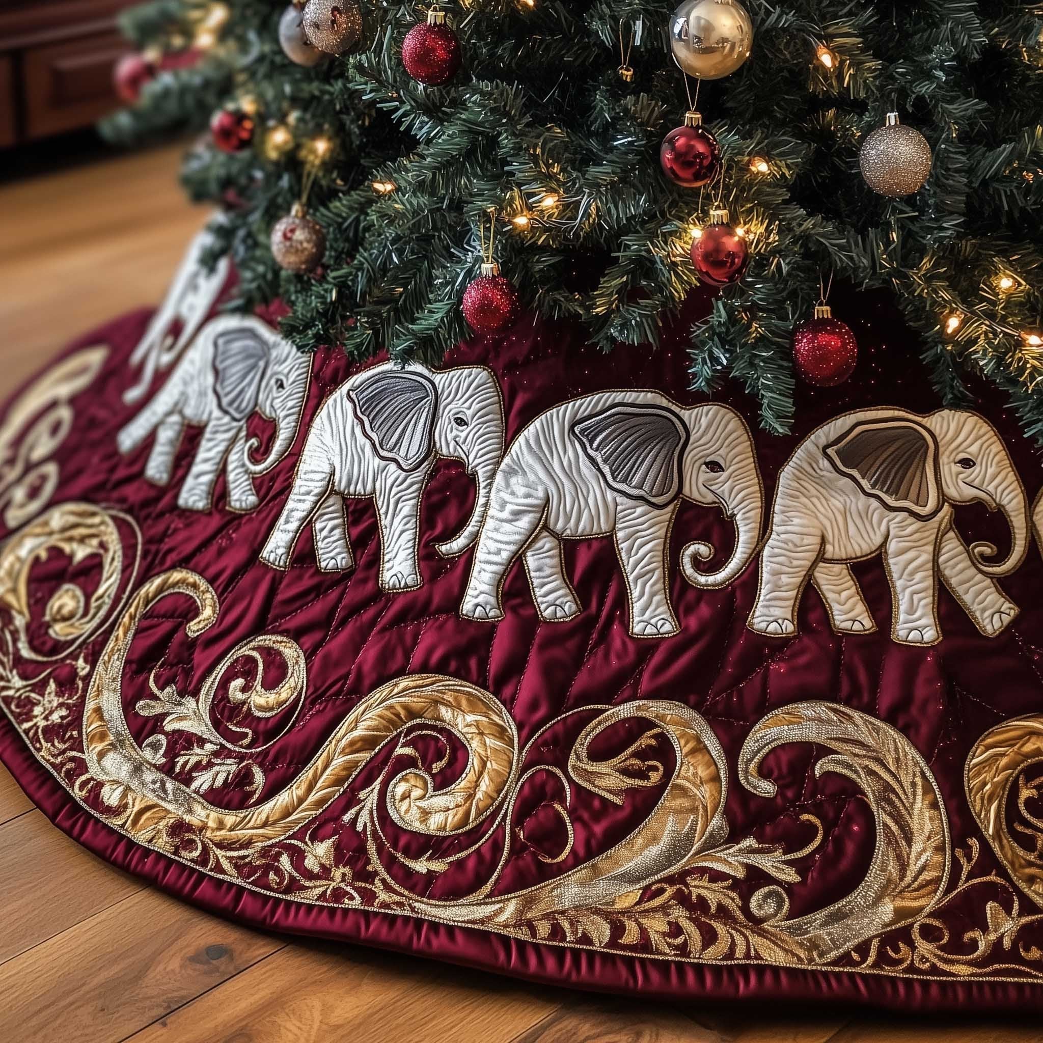 White Elephants on Deep Red Christmas Tree Skirt