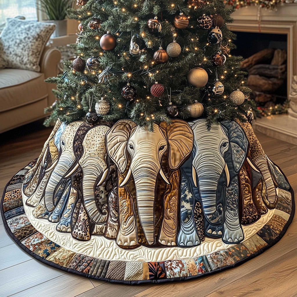 Patterned Elephants on Cream Christmas Tree Skirt