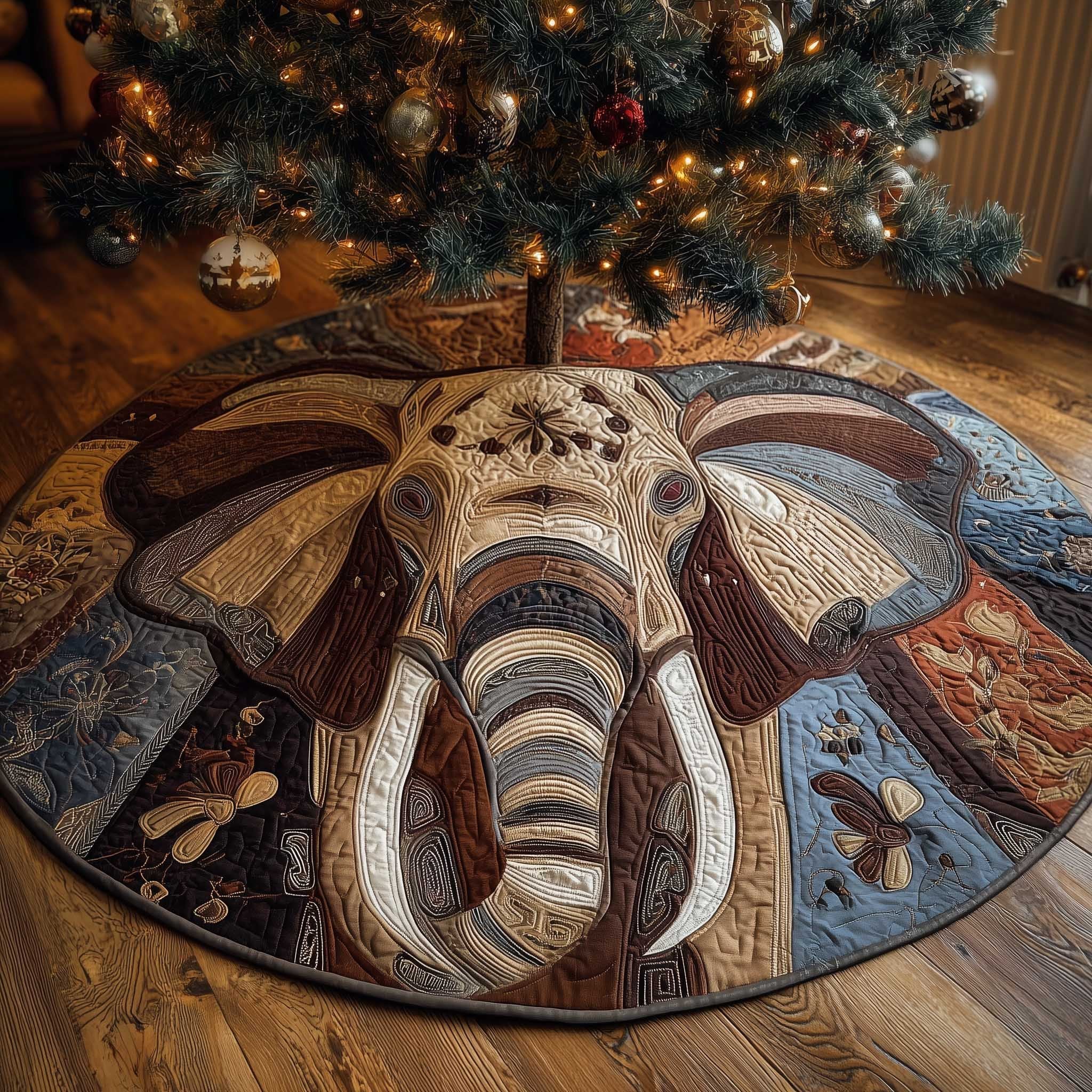 Elephant Face on Cream Quilting Christmas Tree Skirt