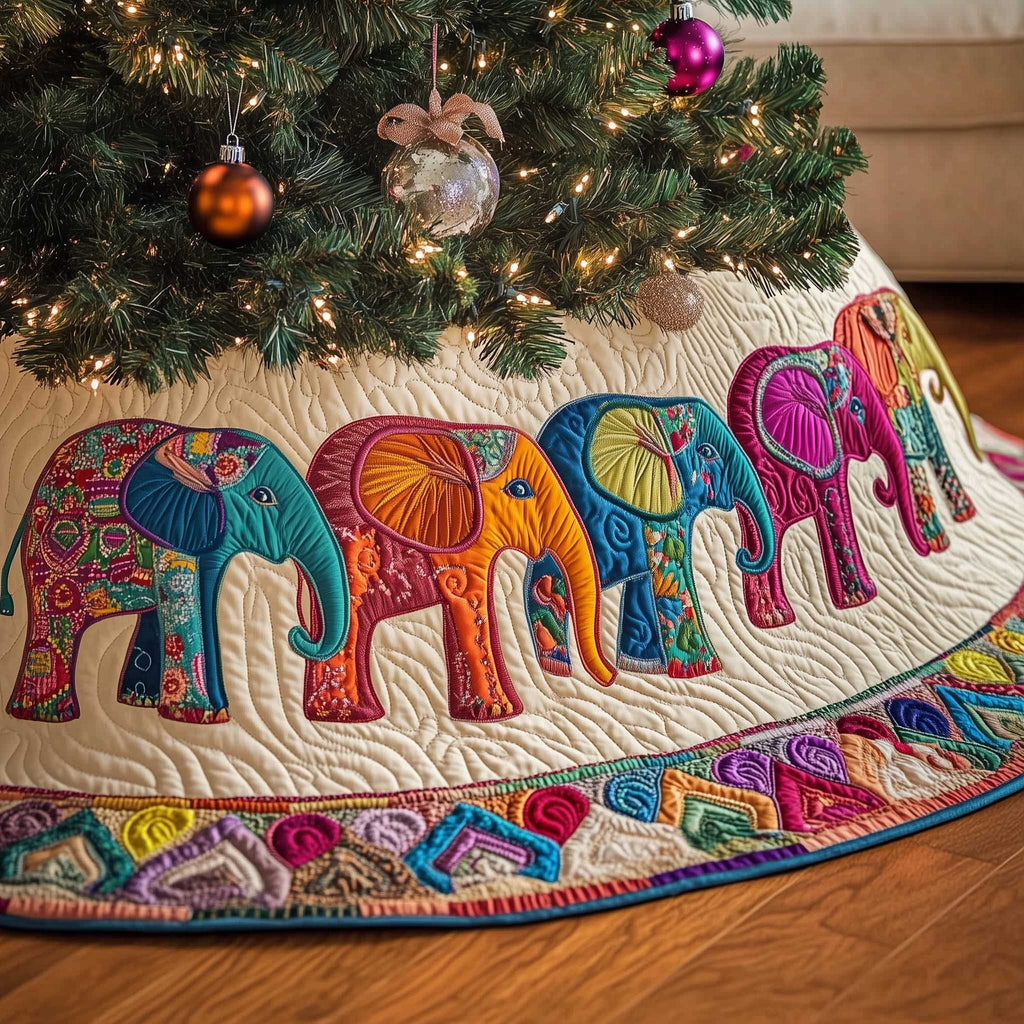 Rainbow Elephants in a Row Christmas Tree Skirt