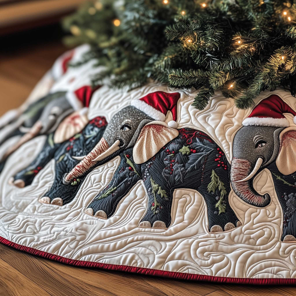 Elephant in a Santa Hat on White Christmas Tree Skirt