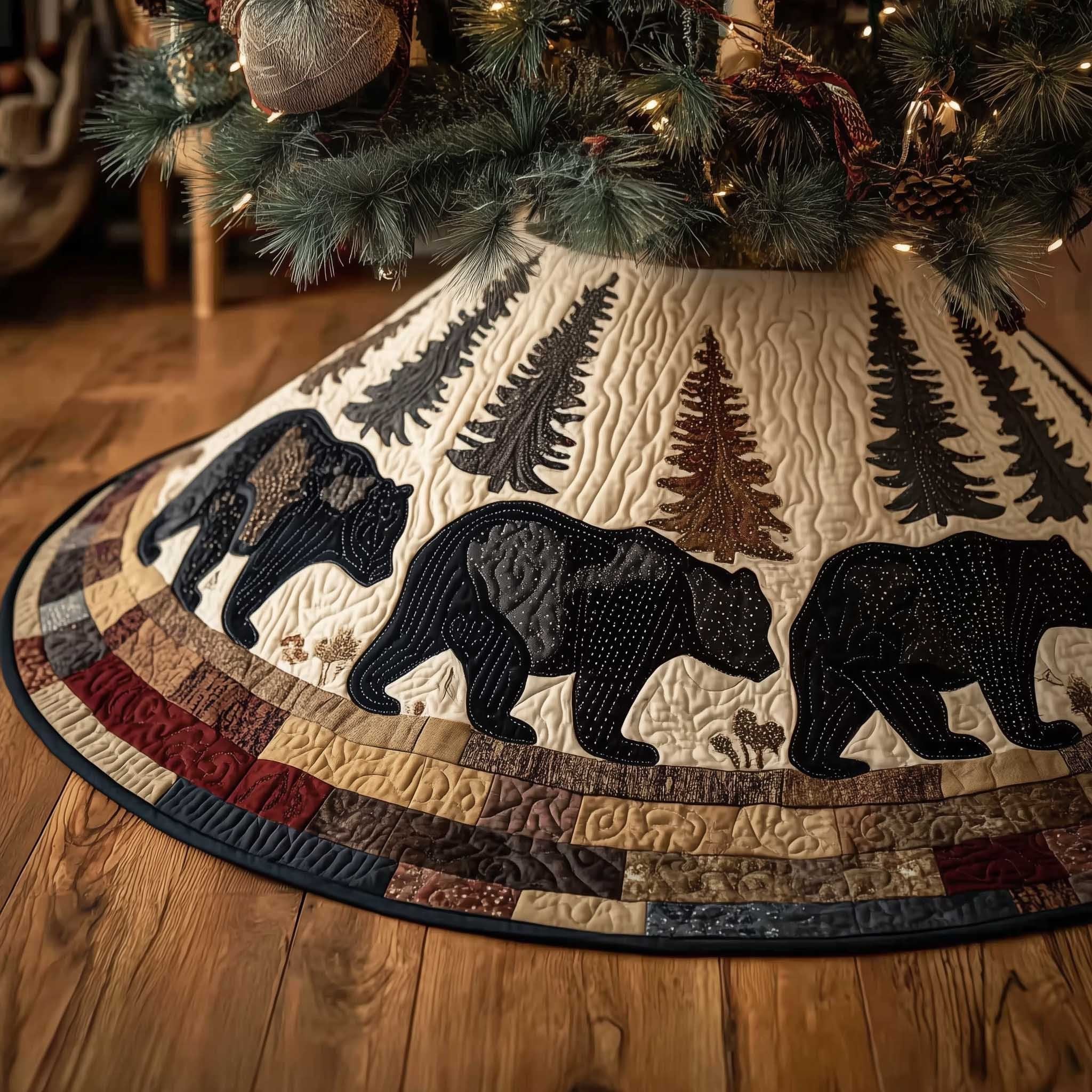 Black Bear Silhouettes with Pine Trees Christmas Tree Skirt
