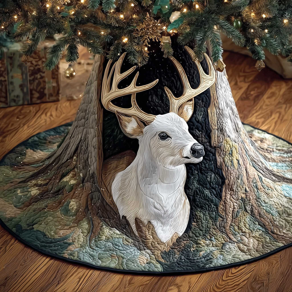 White Deer in the Tree Hollow Christmas Tree Skirt