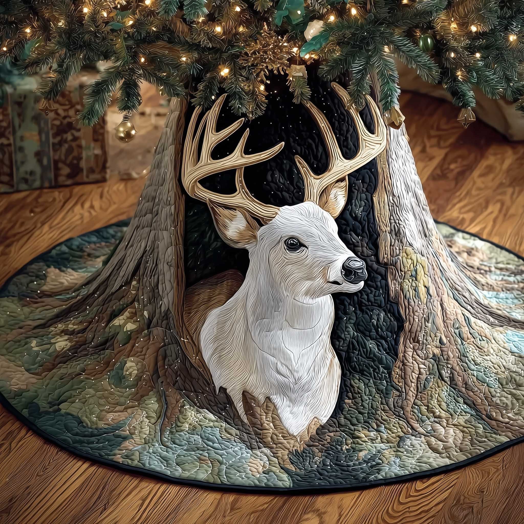 White Deer in the Tree Hollow Christmas Tree Skirt