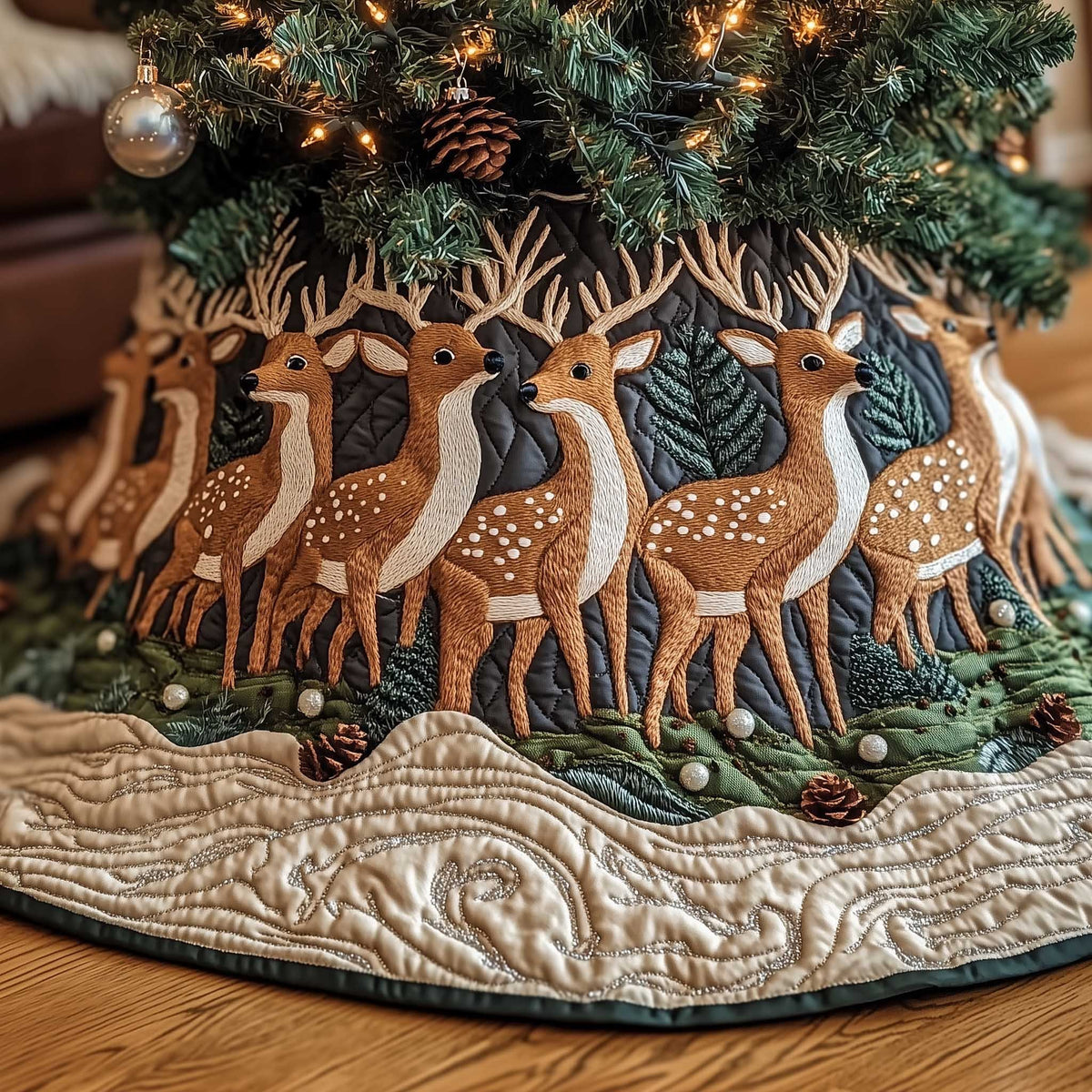 Deer Walking Across the Cream Field Christmas Tree Skirt