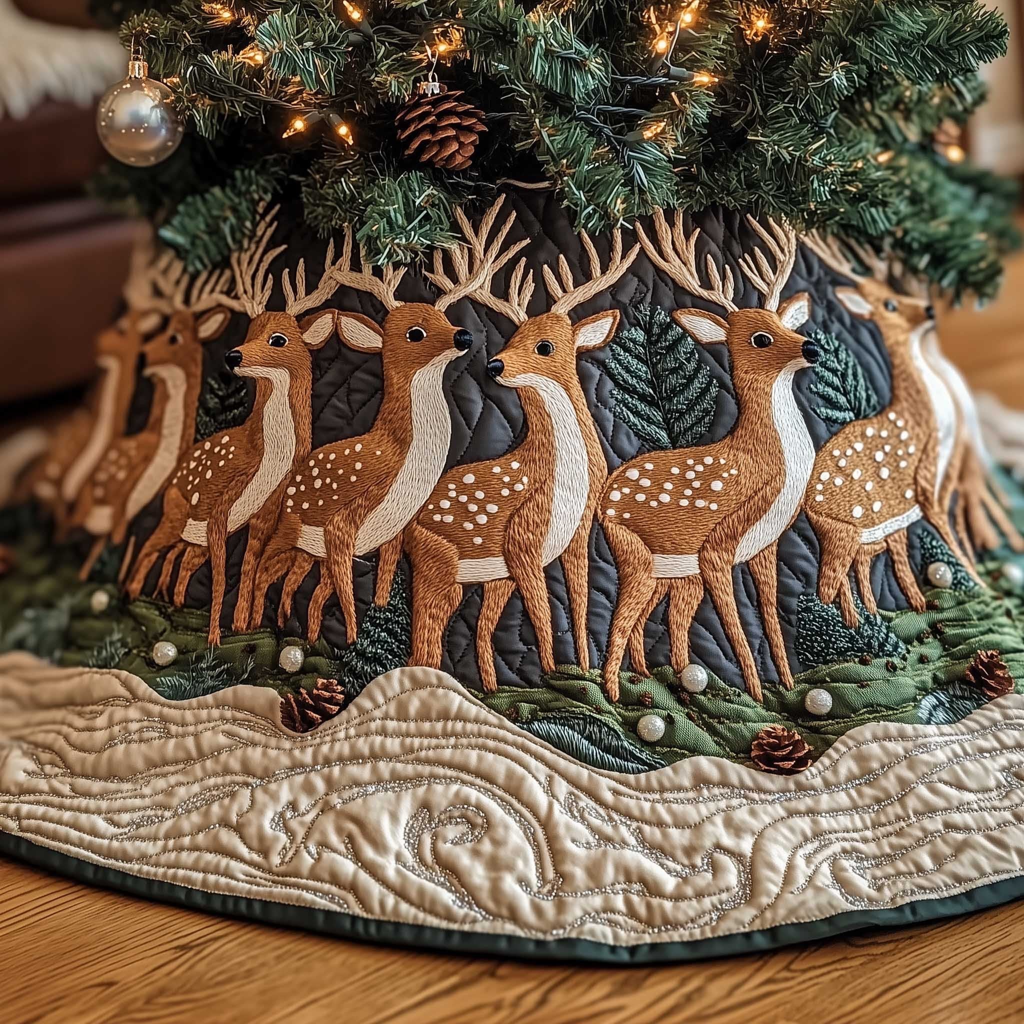Deer Walking Across the Cream Field Christmas Tree Skirt