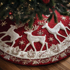 White Deer Leaping on Red Christmas Tree Skirt