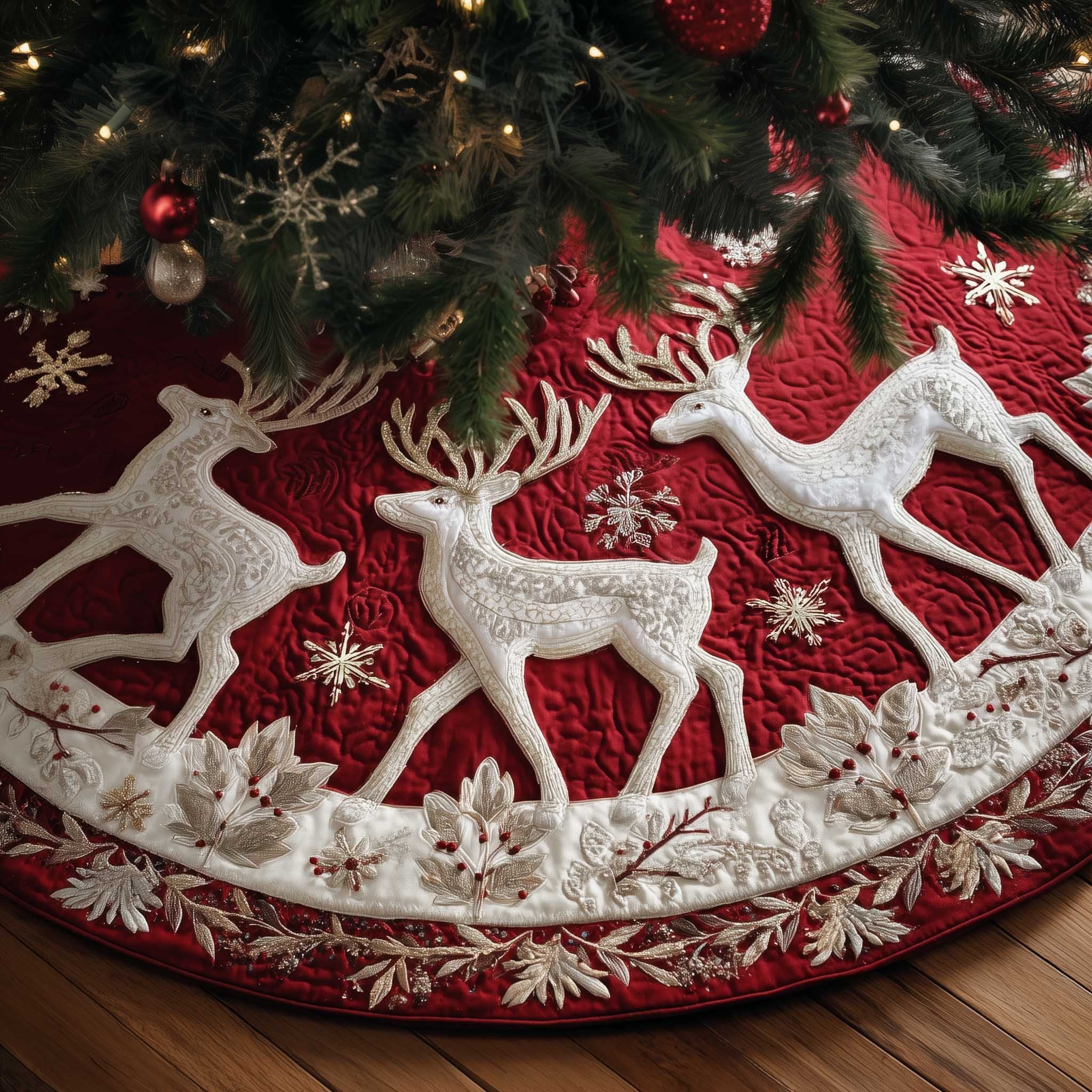 White Deer Leaping on Red Christmas Tree Skirt