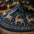 Golden Deer on Navy with Snowflakes Christmas Tree Skirt