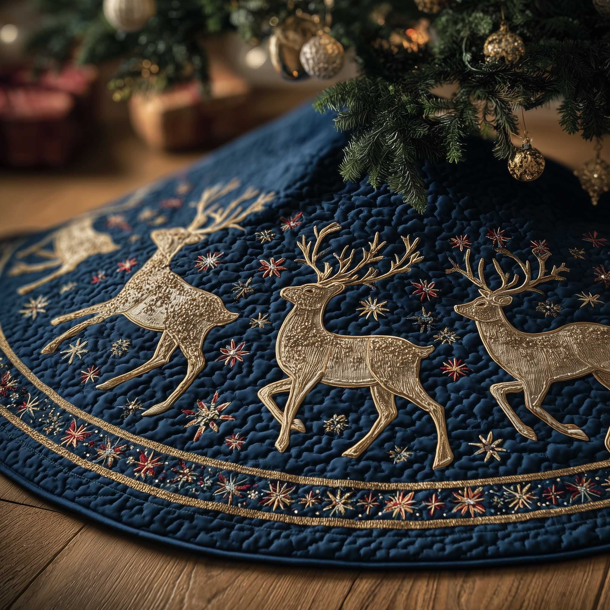 Golden Deer on Navy with Snowflakes Christmas Tree Skirt