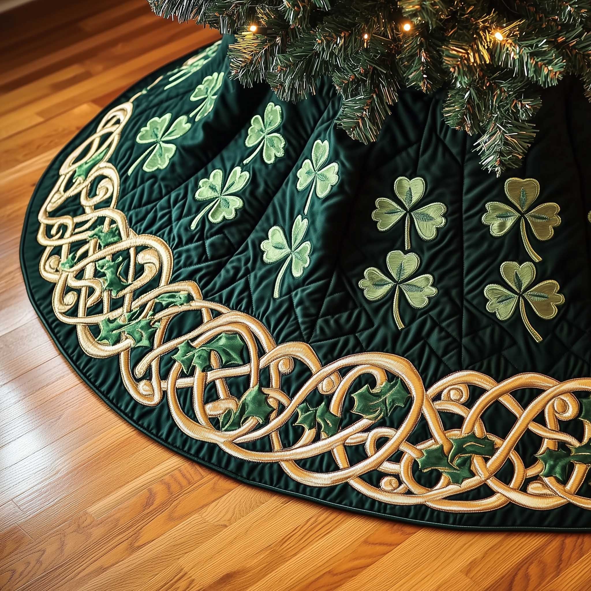 Scattered Shamrocks with Golden Celtic Braid Christmas Tree Skirt