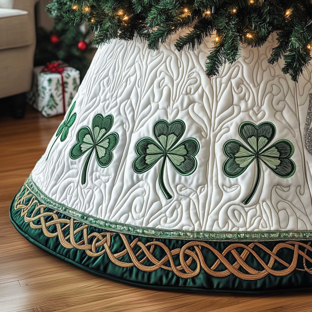 Green Shamrocks on White with Celtic Band Christmas Tree Skirt
