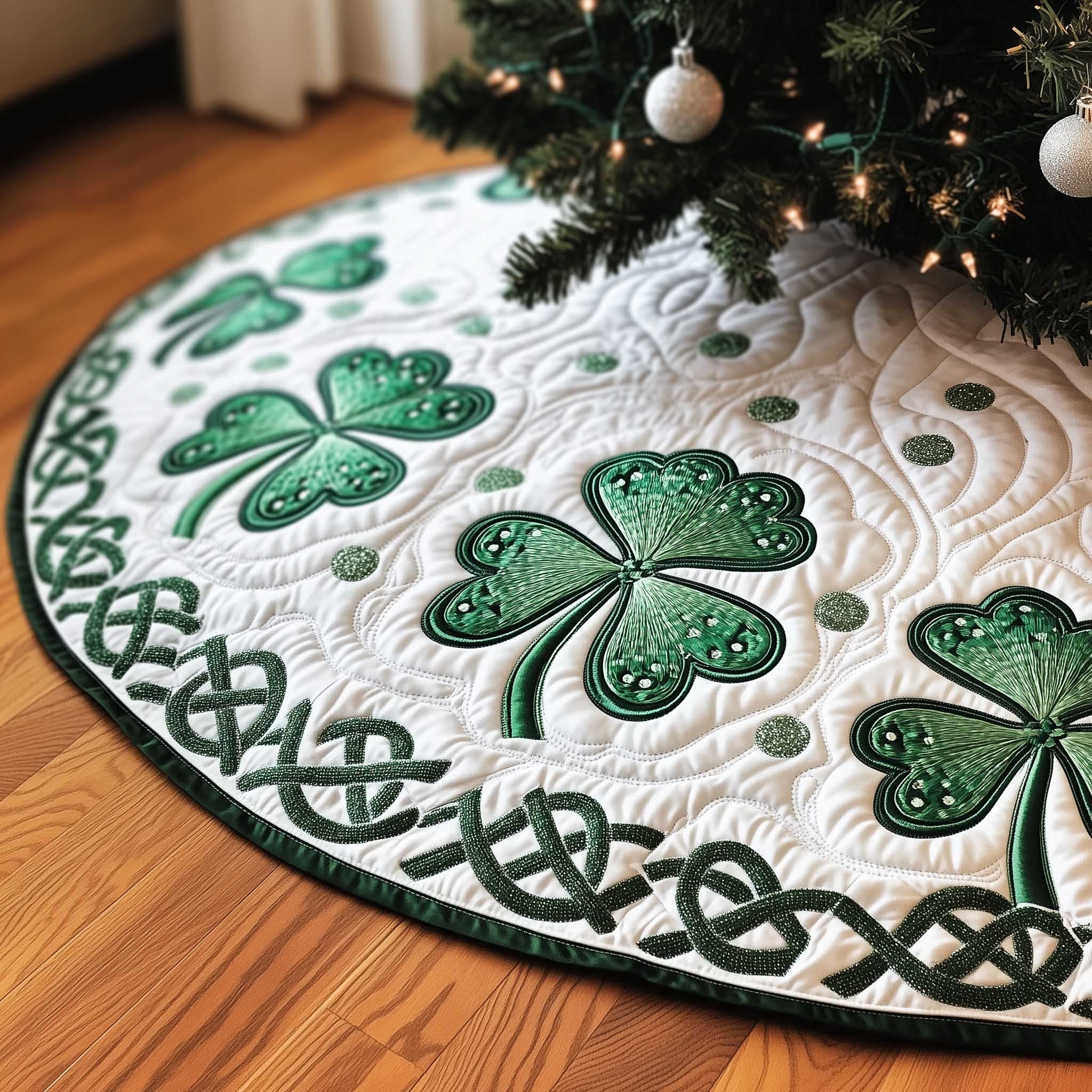 Shamrocks with Green Knotwork Border Christmas Tree Skirt