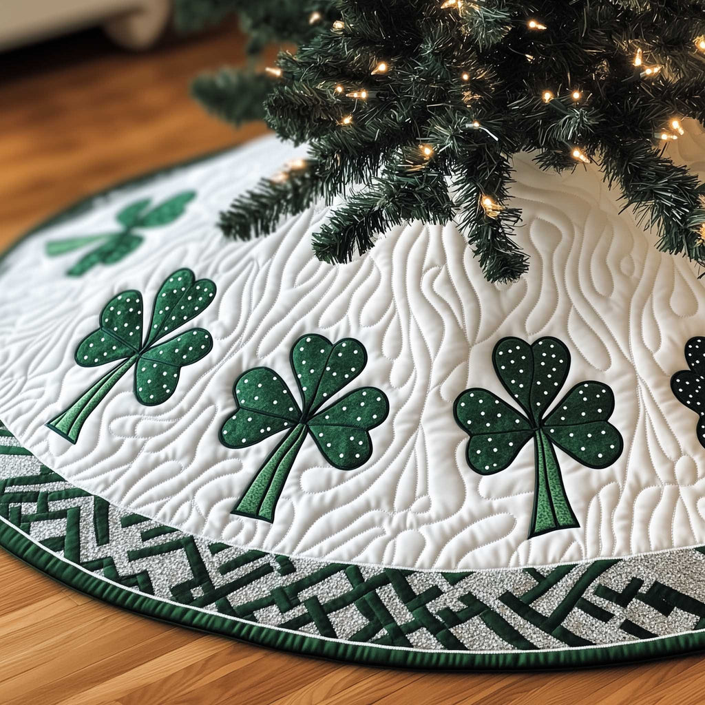 Dark Shamrocks on the White Celtic Weave Christmas Tree Skirt