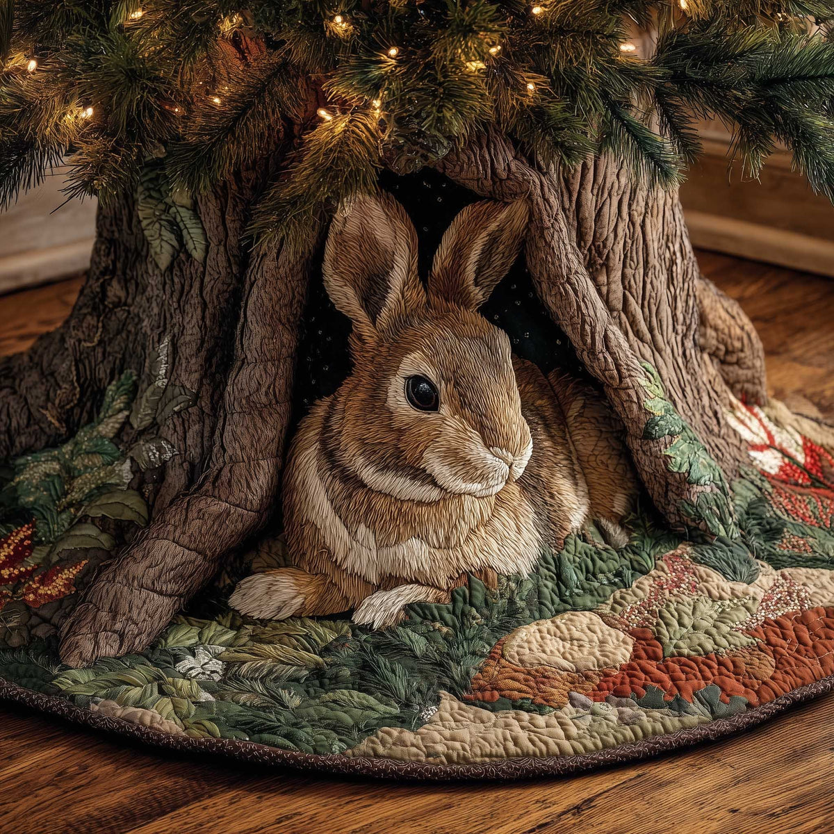 Rabbit Nestled in the Tree Hollow Christmas Tree Skirt