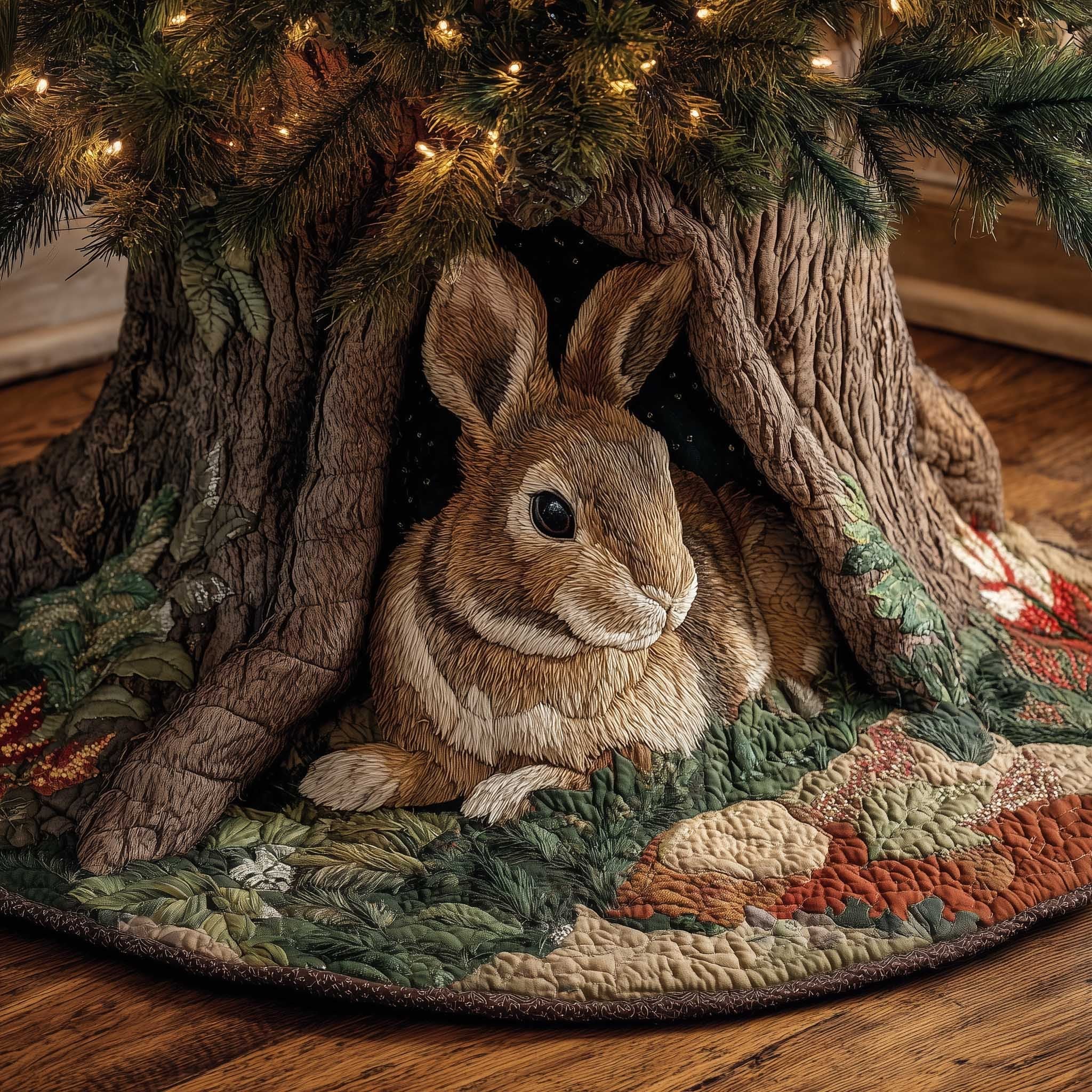 Rabbit Nestled in the Tree Hollow Christmas Tree Skirt