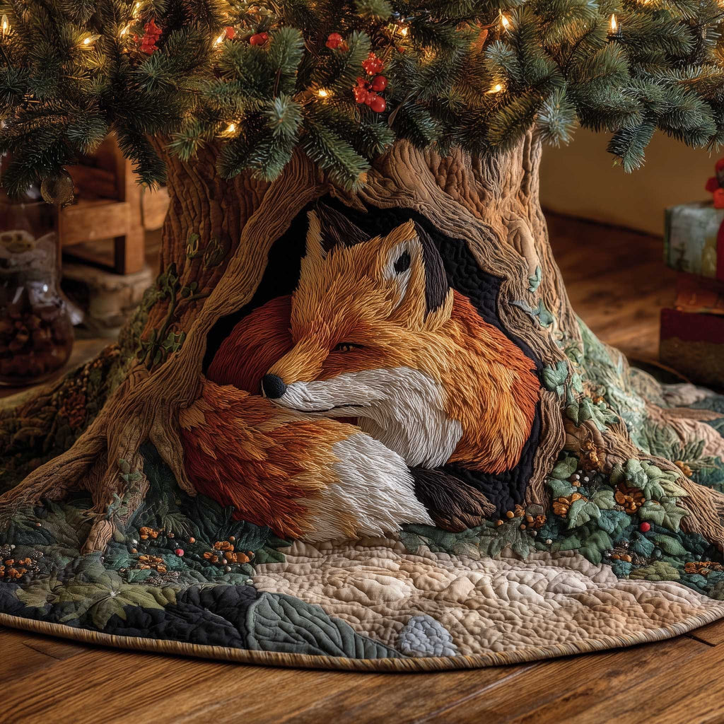 Fox Curled in the Tree Hollow Christmas Tree Skirt