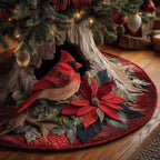 Cardinal with Red Poinsettias Christmas Tree Skirt