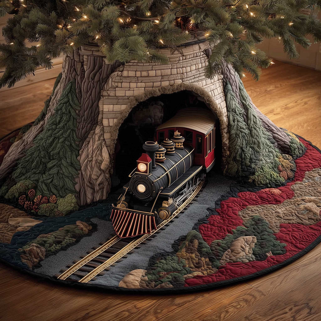 Black Locomotive in a Brick Tunnel Christmas Tree Skirt