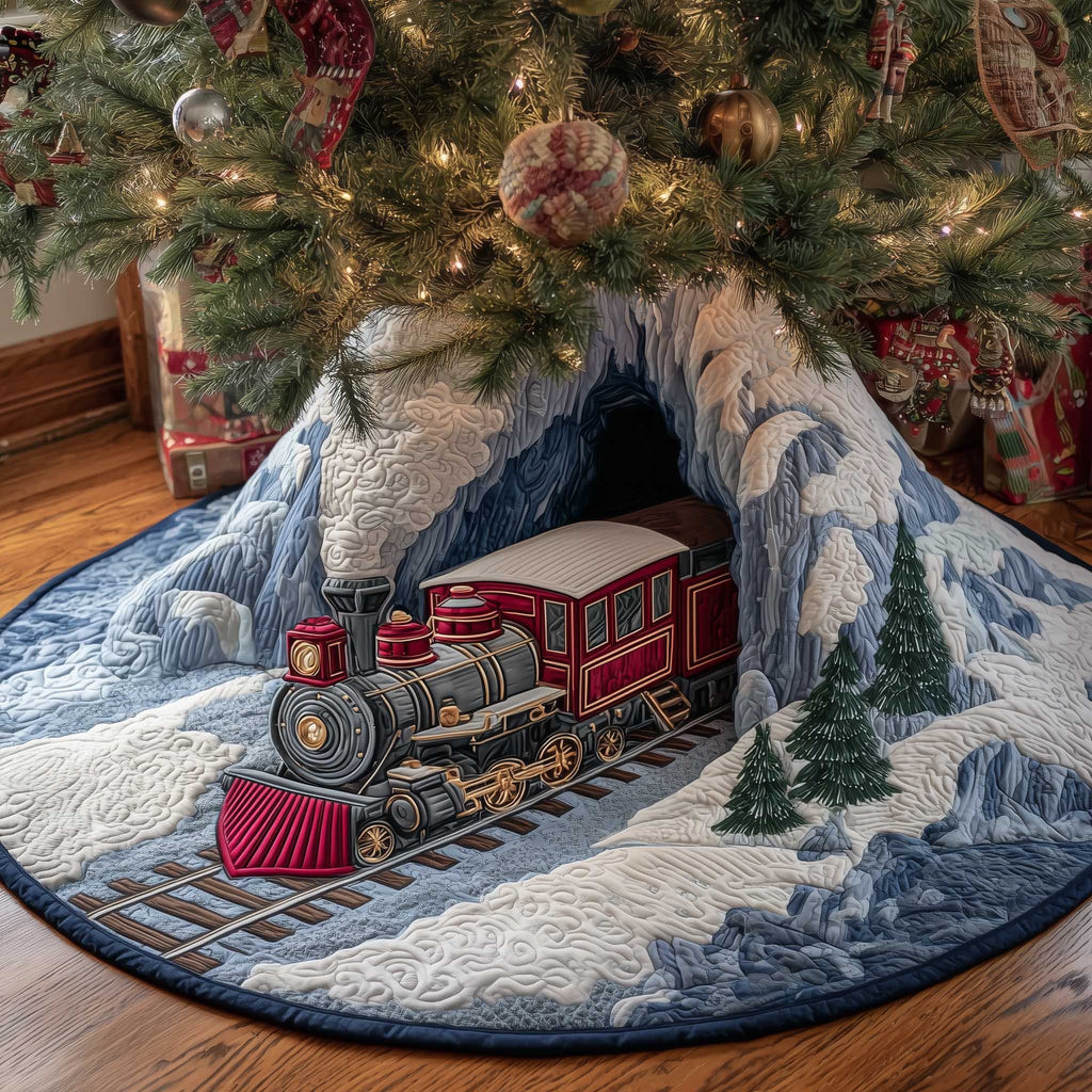 Red Train in the Ice Cave Christmas Tree Skirt