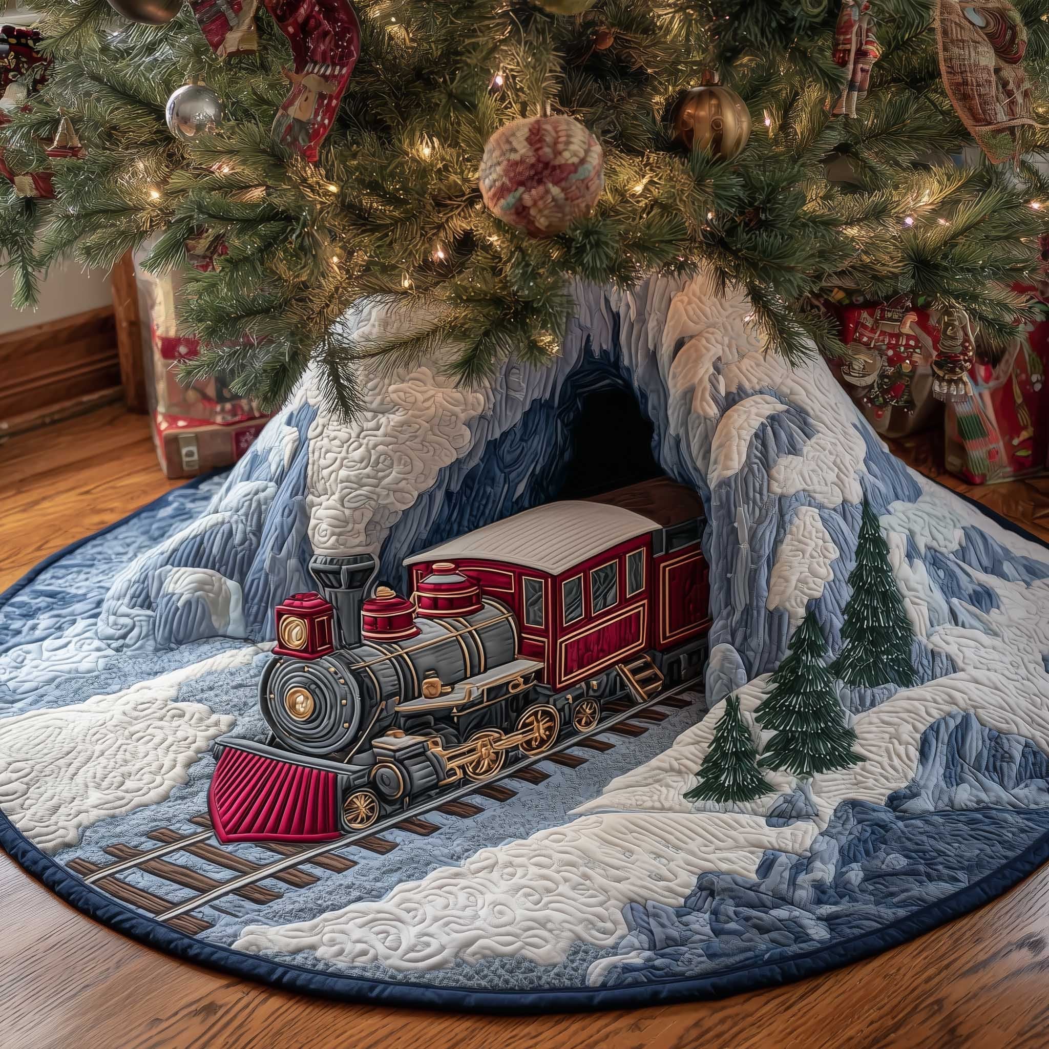 Red Train in the Ice Cave Christmas Tree Skirt