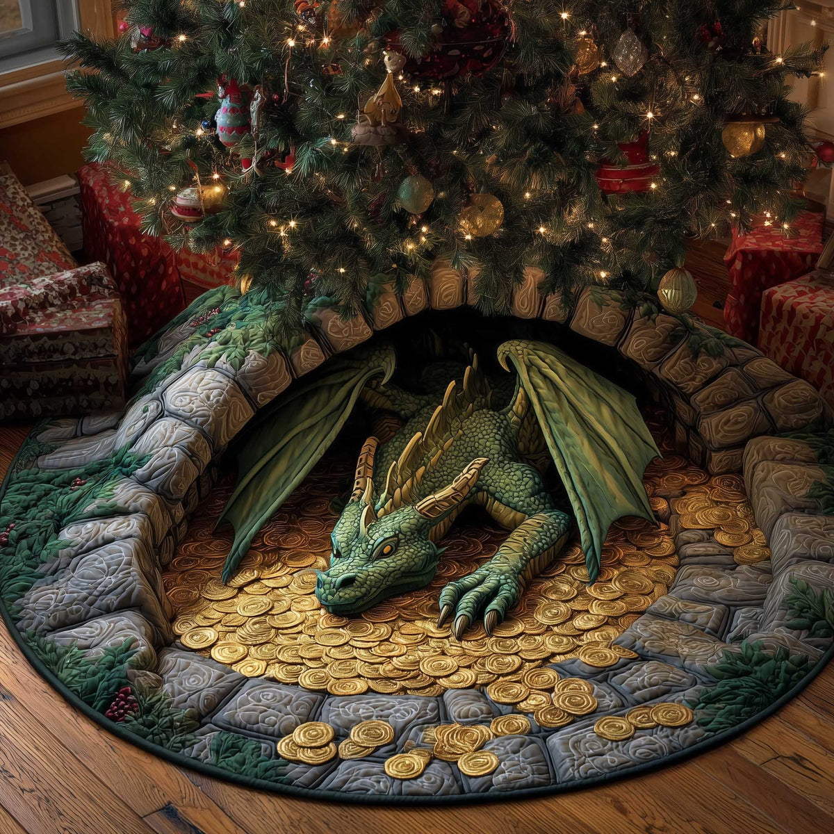 Green Dragon on a Pile of Gold Christmas Tree Skirt