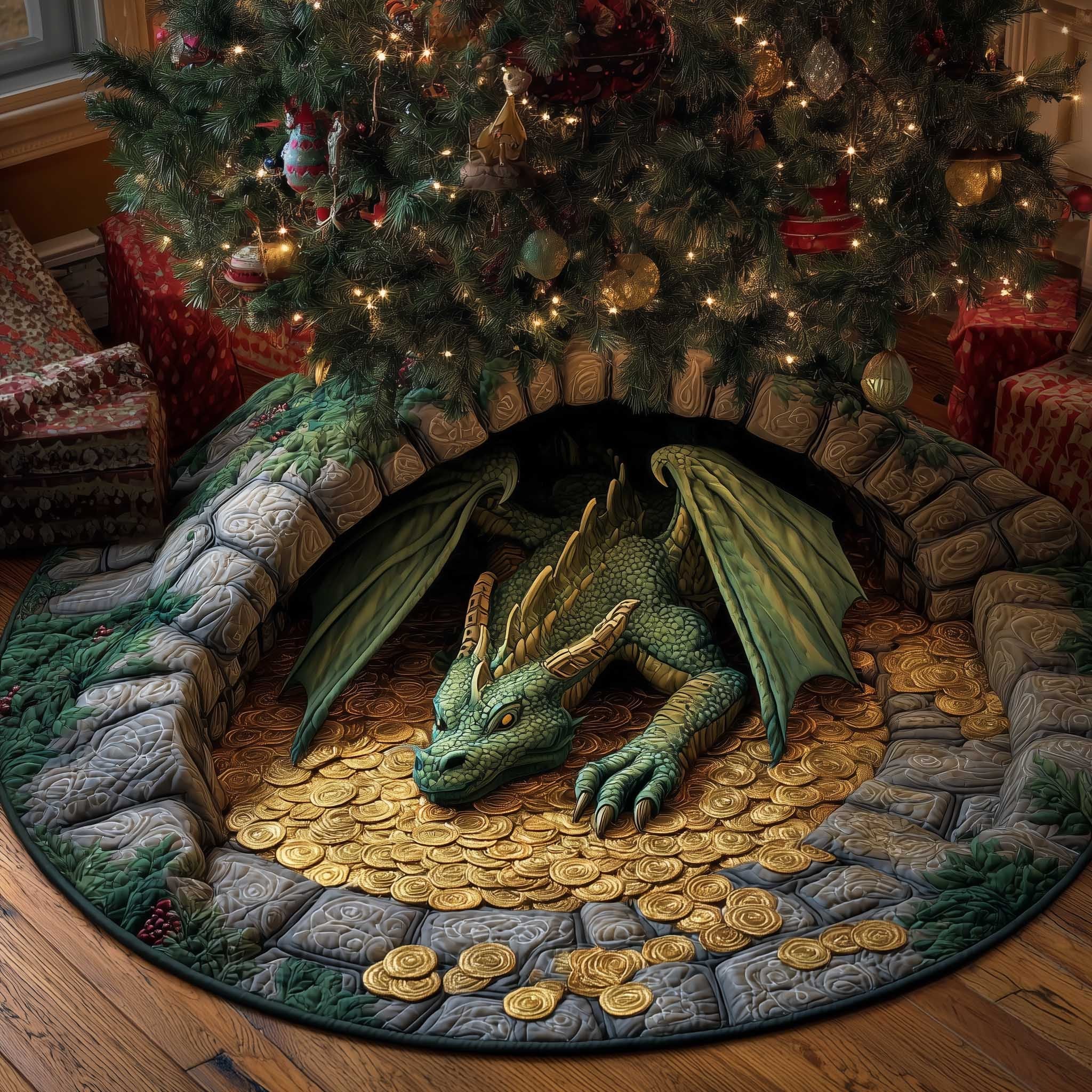 Green Dragon on a Pile of Gold Christmas Tree Skirt