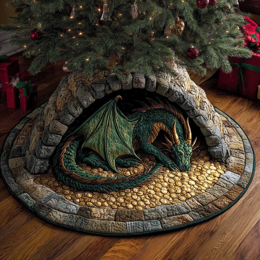 Green Dragon in the Treasure Cave Christmas Tree Skirt