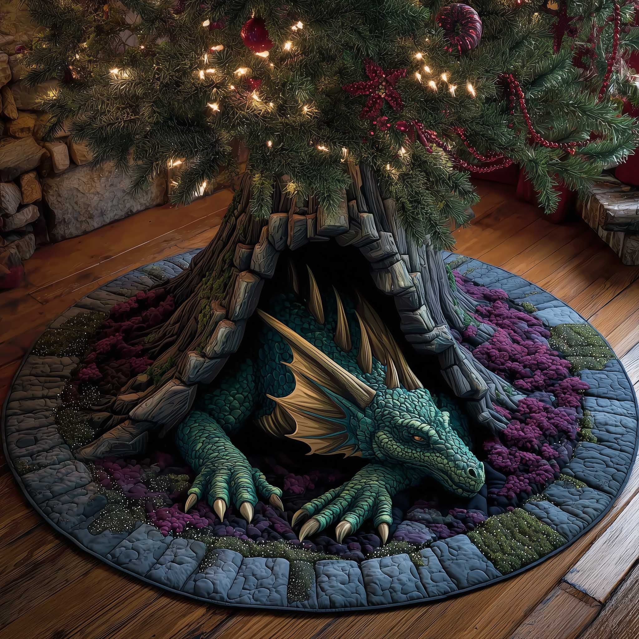 Teal Dragon in the Stone Cave Christmas Tree Skirt