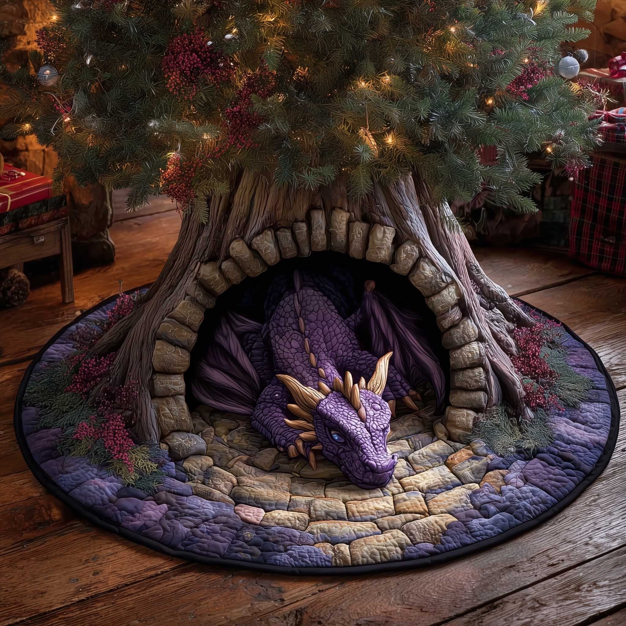 Purple Dragon in the Stone Arch Christmas Tree Skirt