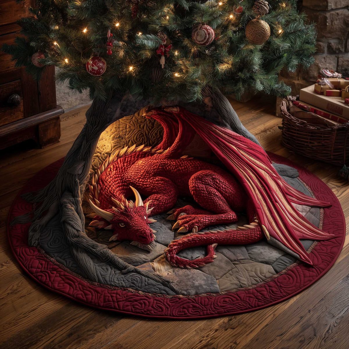 Red Dragon Asleep on Red Quilt Christmas Tree Skirt